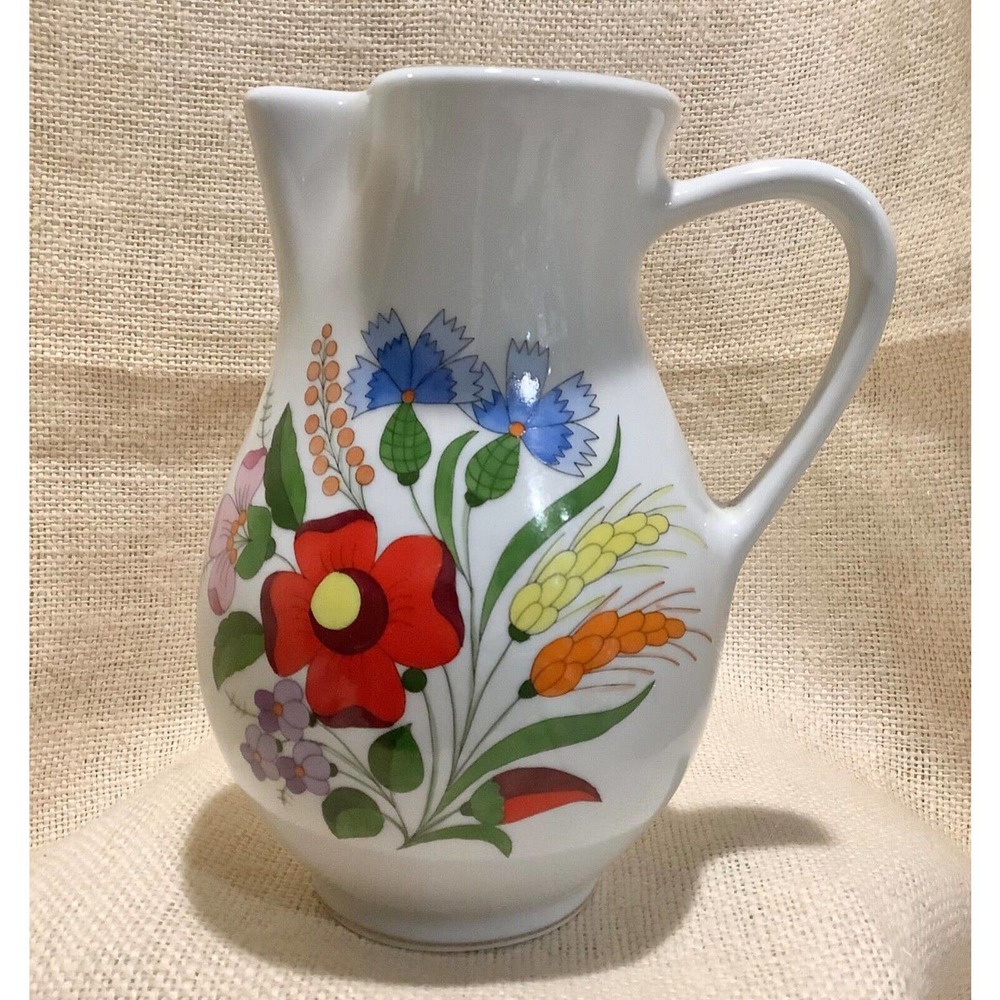 KALOCSA Hungary hand painted mid century modern look white floral pitcher